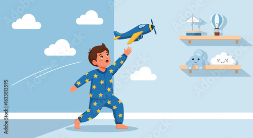 Excited Boy Reaching For Flying Toy Airplane In Dreamy Children's Room