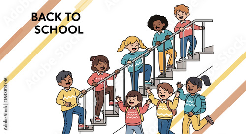 Excited Children Ascending School Stairs Welcoming Back to Learning Journey