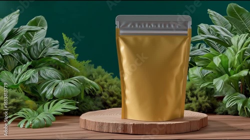 A blank golden stand-up pouch for product packaging, displayed on a wooden slice amidst lush green botanical foliage, emphasizing natural and eco-friendly branding.