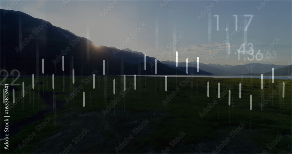 Obraz premium Showcasing grassy meadow, lake in mountain valley at dusk, with white chart bars and numeric info