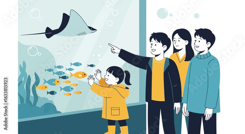 Excited Family Discovering Marine Wonders At The Captivating Aquarium Illustration