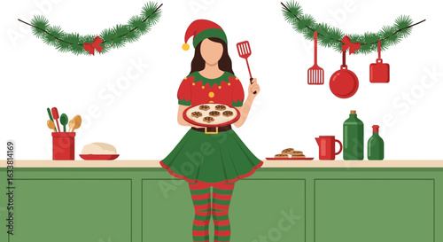 Festive Elf Baking Delicious Cookies At Christmas Holiday In A Cozy Kitchen