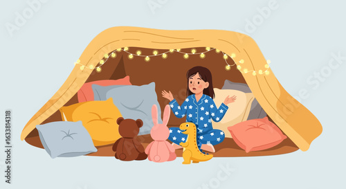 Excited Girl In Starry Pajamas Plays In A Cozy Pillow Fort With Toys