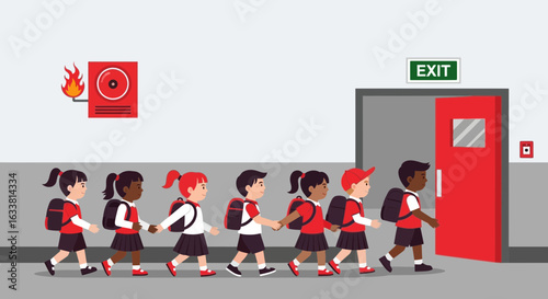 Elementary Students Practice Fire Drill Protocol In School During Fire Emergency