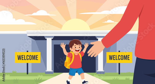 Excited Little Student First Day At Elementary School Welcoming Back To Class
