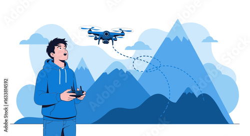 Excited Man Piloting Drone Over Mountain Landscape With Remote Control Device