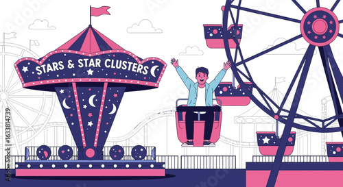 Excited Man Riding Ferris Wheel In Amusement Park Surrounded By Attractions