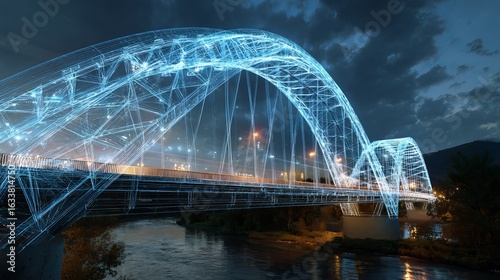 A stunning digital representation of a modern bridge illuminated at night, showcasing intricate blue wireframe details.