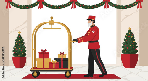 Festive Greetings Hotel Bellhop Delivering Holiday Gifts With Christmas Decorations