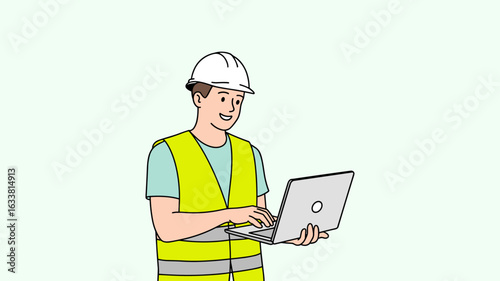 Construction worker using a laptop on a job site