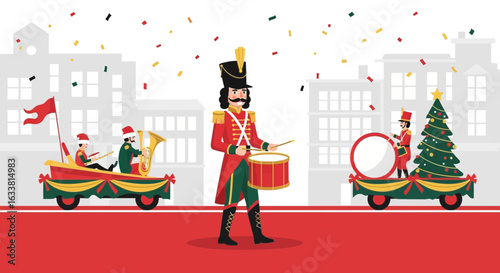 Festive Holiday Parade With Marching Band And Christmas Tree Floats