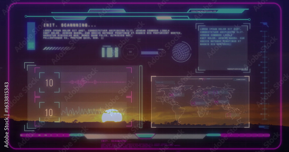Obraz premium Scanning half-visible yellow sun on horizon at sunset with neon HUD crosshairs and progress bars