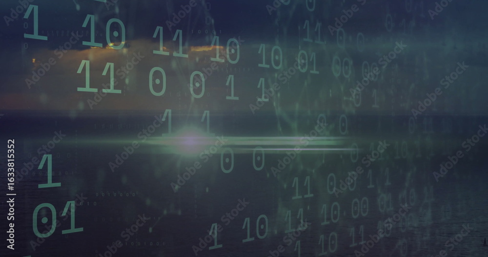 Obraz premium Floating green-tinted binary digits overlaying dusk seascape at open sea, with lens flare