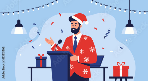 Festive Season Presentation With Santa Hat And Snowflake Suit Speaker