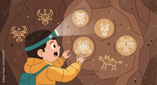 Excited Young Explorer Discovers Ancient Cave Drawings With Headlamp Adventure Scene