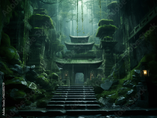 Discover ancient temple ruins overtaken by lush jungle growth in mystical fantasy landscape