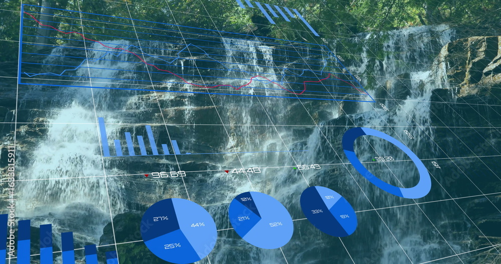 Fototapeta premium Tumbling waterfall cascading over rock ledges in forest, with green foliage, digital charts