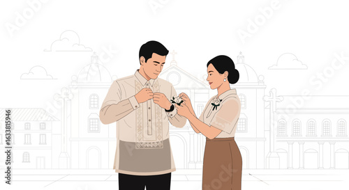 Filipino Couple Preparing for Wedding in Traditional Attire Illustration