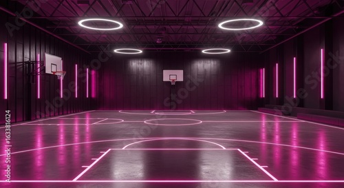 Futuristic Basketball Court with Neon Lights and Dark Walls a Modern Athletic Arena Concept for Sports and Recreation