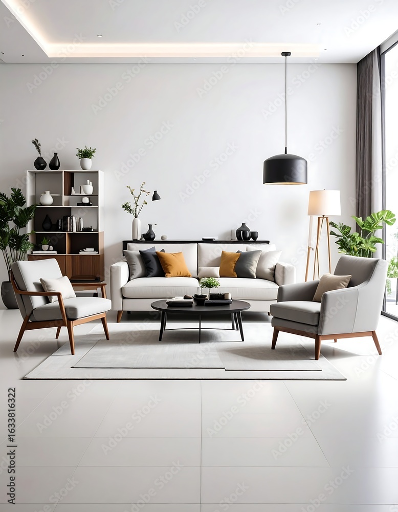Fototapeta premium Modern living room with light-colored sofa, armchairs, and coffee table