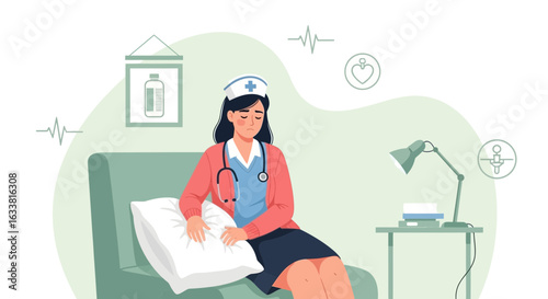 Exhausted Nurse Sits After Long Shift During Healthcare Crisis Illustration