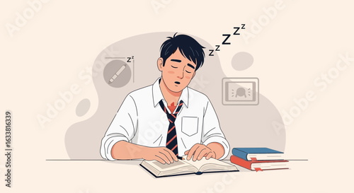 Exhausted Student Dozing Off While Studying For Final Exam at The Desk