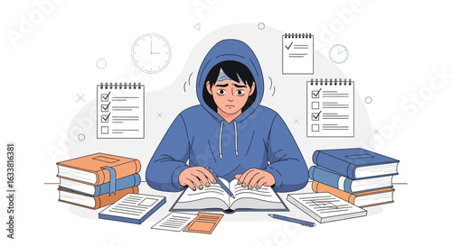 Exhausted Student Studying Hard Preparing Exam With Books And Notes