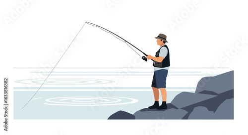 Fisherman Casting Line Standing on Rocks by Water Illustration Vector