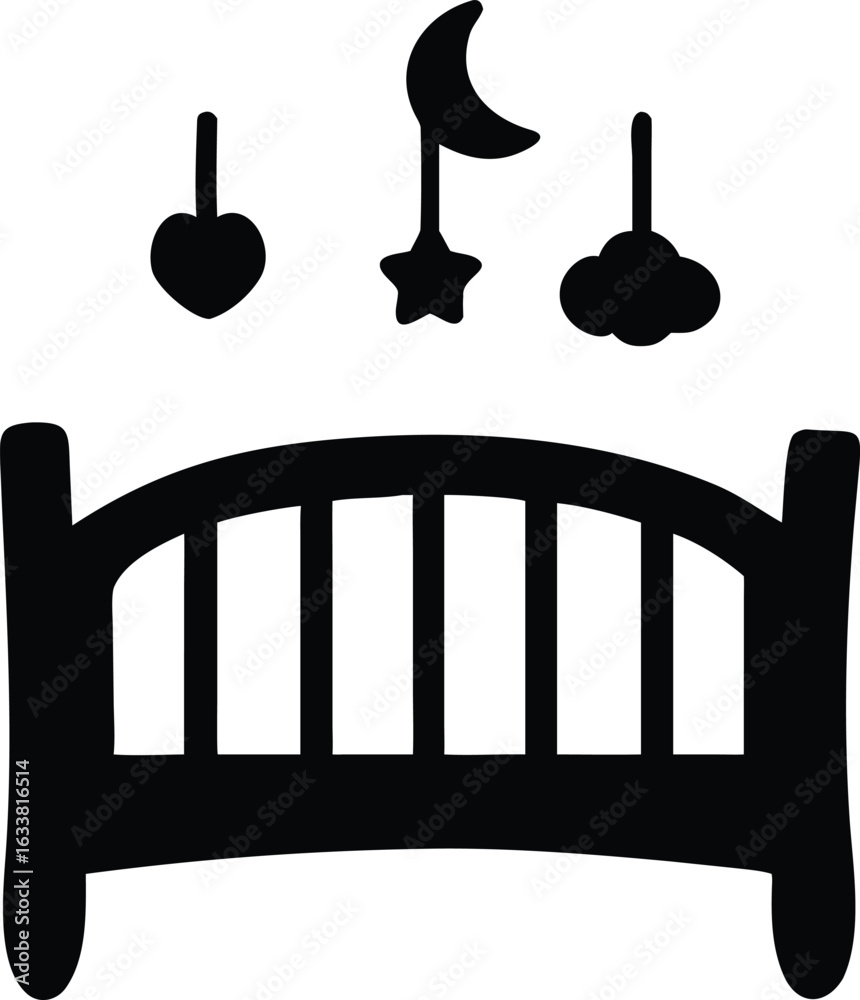Fototapeta premium Black Silhouette Icon of a Baby Crib with Hanging Star Moon and Cloud Toys cradle baby bed