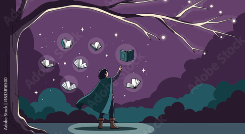 Enchanting Night Scene With Wandering Man And Floating Books Under Starry Sky