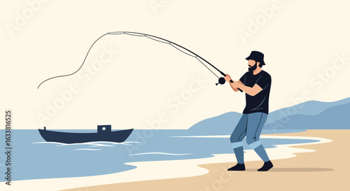 Fisherman Enjoying Leisure Activity Fishing at Sea Near a Boat During Holiday