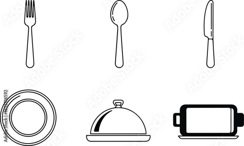 Simple black and white line art food utensils and dishes