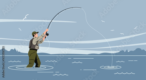 Fisherman Struggles With Caught Fish In Lake On Relaxing Outdoor Vacation