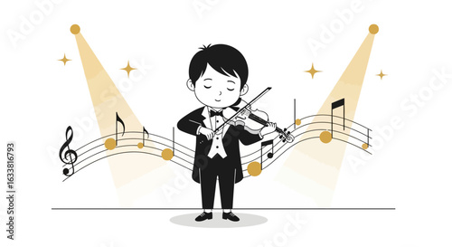 Enchanting Violinist Performance Under Golden Spotlights With Musical Notes