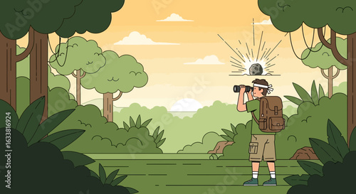 Explorer Looks Through Binoculars In Jungle With Meteorite Observation