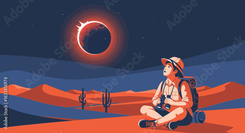 Explorer Watches Solar Eclipse In Desert Landscape Under Night Sky