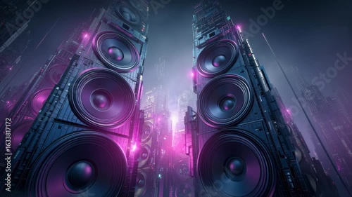 Giant speakers on a city street, blue and purple colors, cyberpunk style, urban and loud music concept