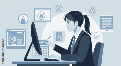Focused Female Professional Navigating Digital Platforms and Online Tools for Business