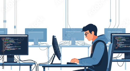Focused Software Developer Coding In Bright Office With Multiple Computer Screens