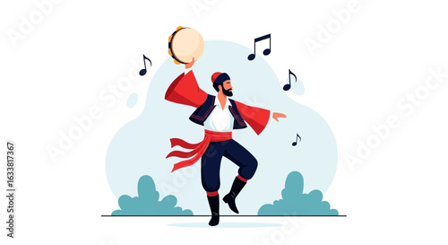 Energetic Folklore Dancer With Tambourine In Motion Celebrating With Music