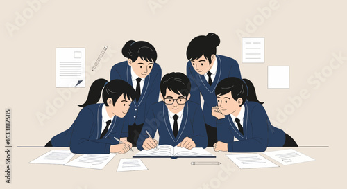 Focused Students Collaborate On Project At Desk Dressed Uniforms