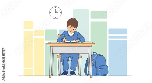 Focused Young Scholar Engaged in Study at School Desk with Schoolbag