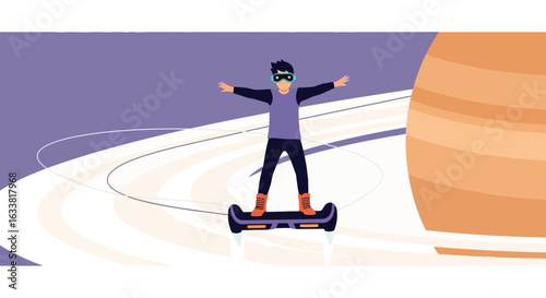 Extraterrestrial Excursion Adventures Boy In Space Suit Hoverboard Among Planets