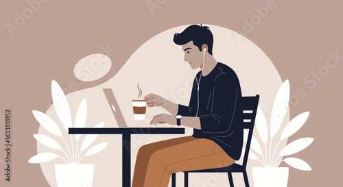 Freelance Lifestyle Man Enjoying Coffee While Working At Desk On Laptop