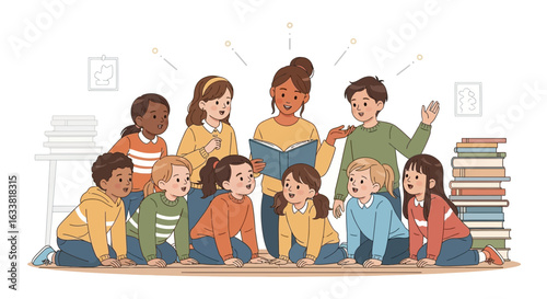Engaging Story Time With Teacher And Diverse Young Students Illustration