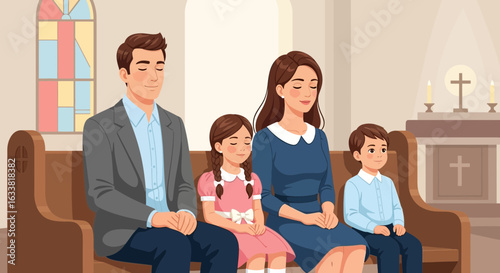 Family Attending Church Service Together In Prayerful Reflection And Spiritual Connection