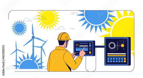 Engineer Overseeing Alternative Energy Production From Wind Turbines And Solar Panels