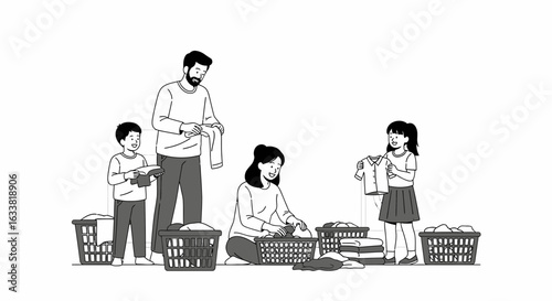Family Doing Laundry Together Concept Illustration in Minimal Monochrome Style