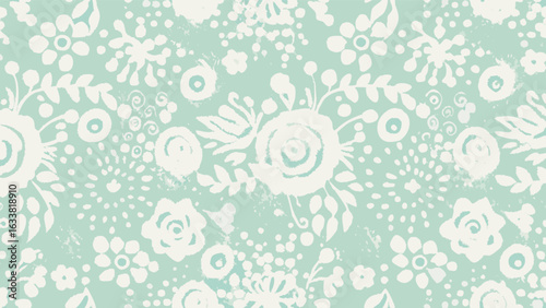 Floral pattern with white flowers and leaves on a light green background in a seamless design style