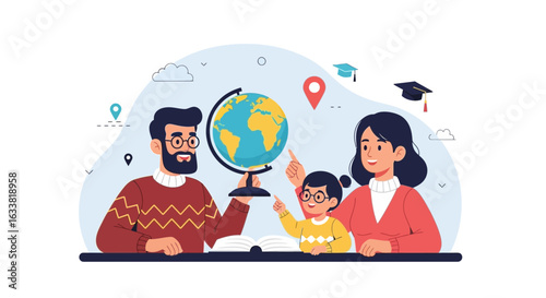 Family Educational Journey Studying Geography with a Globe at Home